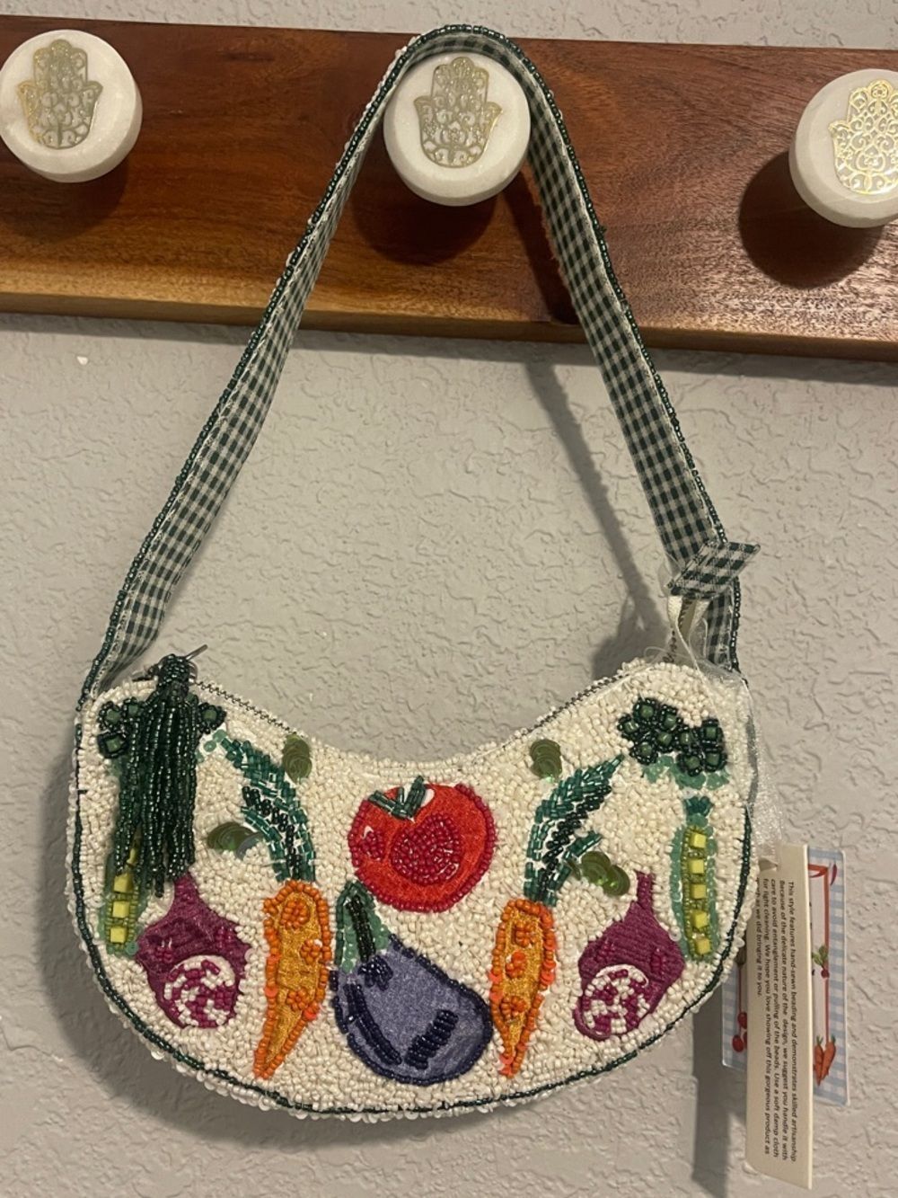 Beaded Vegetable Motif Shoulder Bag - Cream & Multicolor